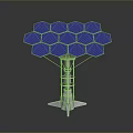 Blue Hexagonal Panels Forming Tree Like Structure With Metal Base Stand 3d model