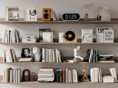 Stylish Decorative Ornament Set For Bookshelf With Books Vinyl Record Clock And Sculptures 3d model