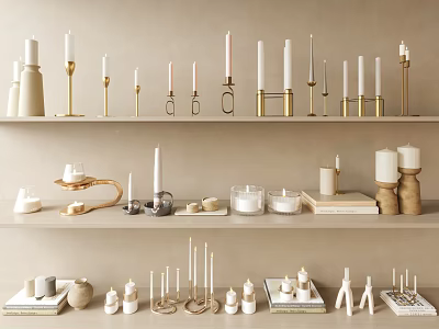 Stylish Candle Holders With Various Designs Displayed On Home Decor Shelves 3d model
