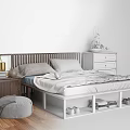 Double Bed With Wooden Headboard White Frame Under Bed Storage And Nightstand With Vase