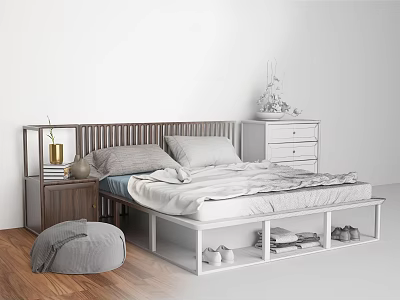 Double Bed With Wooden Headboard White Frame Under Bed Storage And Nightstand With Vase 3d model