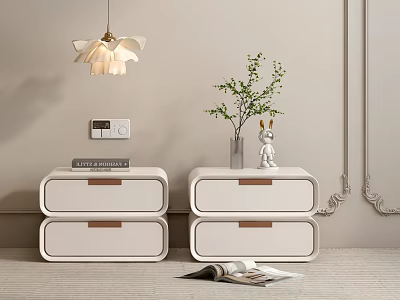 Elegant White Decorative Cabinets With Drawers Wooden Handles Green Plant Rabbit Ornament And Pendant Light 3d model