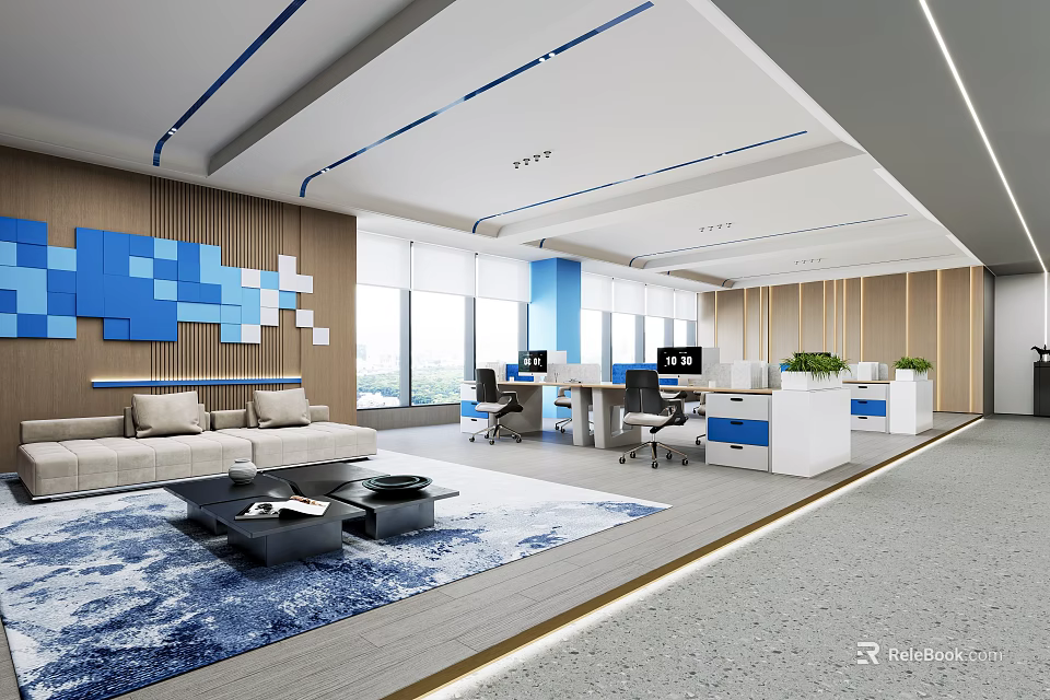 Modern Public Office Space With Open Layout Workstations Sofa Green Plants And Wooden Walls 3d model 