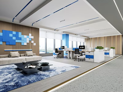 Modern Public Office Space With Open Layout Workstations Sofa Green Plants And Wooden Walls 3d model