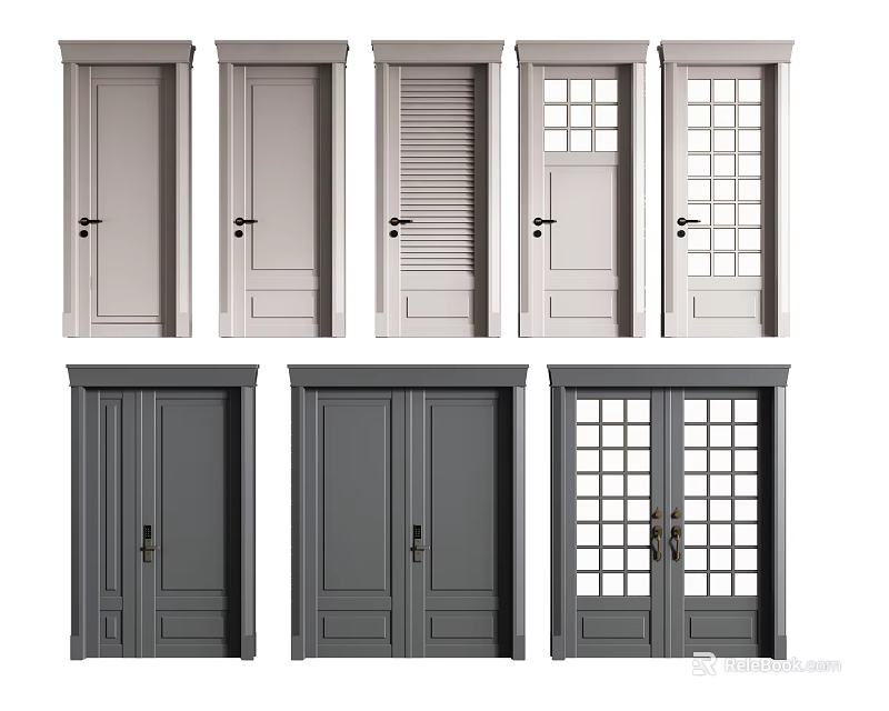 Hinged Doors With Various Designs Single Double Panel Glass Grid And Louver Grey 3d model