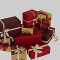 Decorative Ornament Set With Elegantly Wrapped Red And Gold Gift Boxes And Ribbon Bows