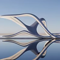 Modern Sculpture With Smooth Curved Lines White And Blue By Waterfront Clear Reflection Under Sky