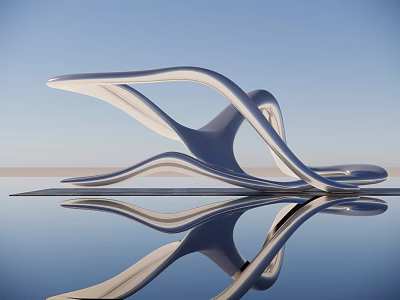 Modern Sculpture With Smooth Curved Lines White And Blue By Waterfront Clear Reflection Under Sky 3d model
