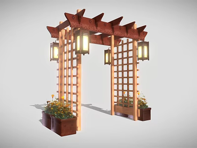 Wooden Garden Pergola With Lattice Sides Top Beams Lantern Lights And Flower Pots 3d model