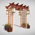 Wooden Garden Pergola With Lattice Sides Top Beams Lantern Lights And Flower Pots