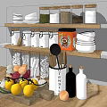 Kitchen Utensils in Container on Wooden Shelves with Jars Dishes and Fresh Vegetables