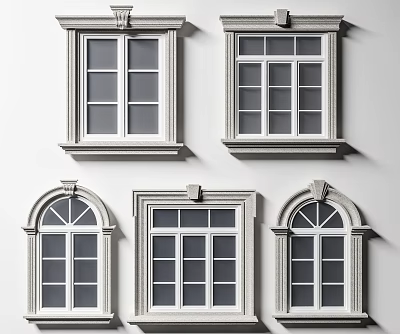 Casement Windows In Classic Modern Design With White Frames Arch And Rectangular Shapes 3d model