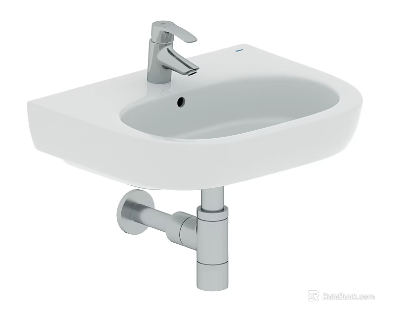 White Wall Mounted Washbasin with Silver Faucet and Drain Pipe 3d model 