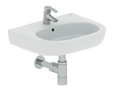 White Wall Mounted Washbasin with Silver Faucet and Drain Pipe 3d model
