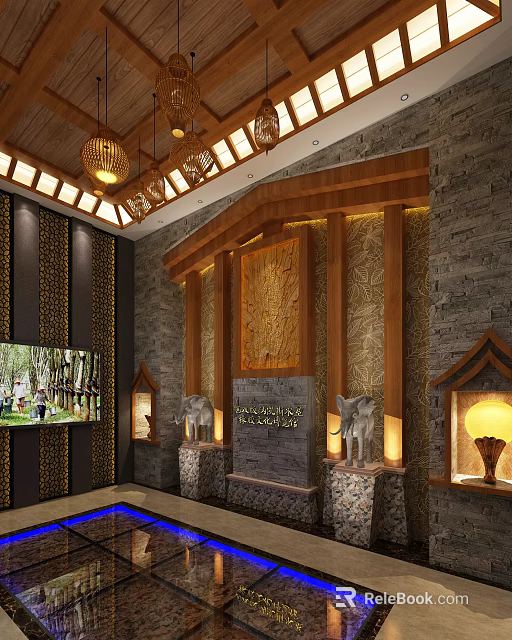 Traditional Cultural Center Interior With Wooden Carvings Elephant Statues Stone Walls And Decorative Lanterns 3d model 