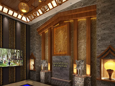 Traditional Cultural Center Interior With Wooden Carvings Elephant Statues Stone Walls And Decorative Lanterns 3d model