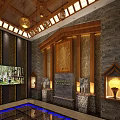 Traditional Cultural Center Interior With Wooden Carvings Elephant Statues Stone Walls And Decorative Lanterns
