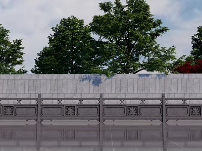 Stone Fence With Carved Details Against Green Trees And Blue Sky 3d model