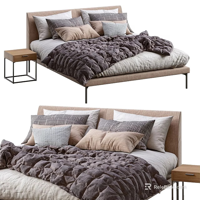 Modern Double Bed With Beige Frame Soft Gray Beige Bedding Multiple Pillows And Nightstand 3d model 