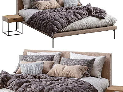 Modern Double Bed With Beige Frame Soft Gray Beige Bedding Multiple Pillows And Nightstand 3d model