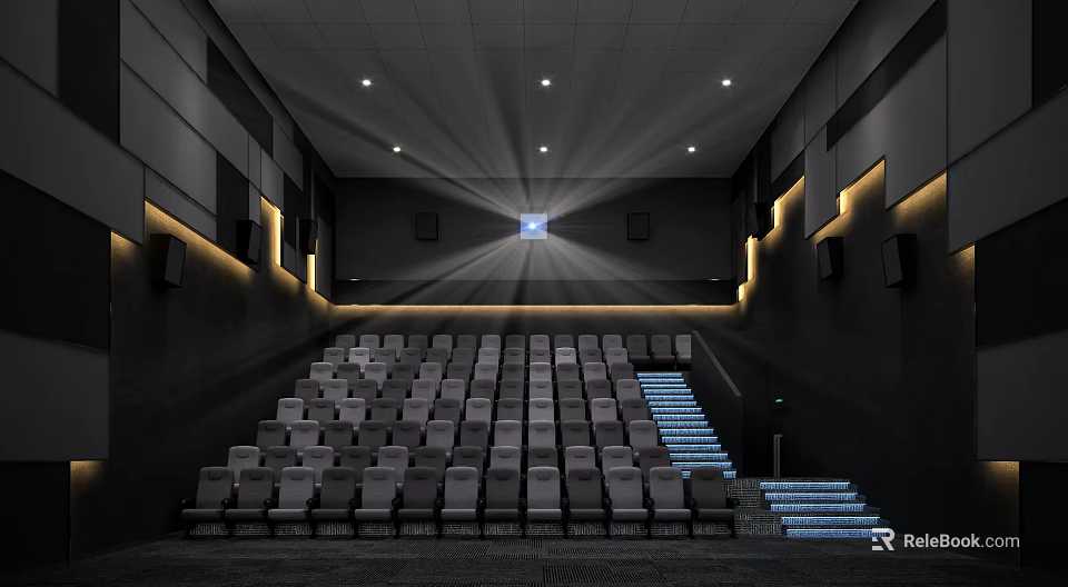 Modern Cinema Interior Design With Rows Of Comfortable Seats And Ambient Lighting 3d model 
