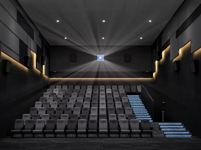 Modern Cinema Interior Design With Rows Of Comfortable Seats And Ambient Lighting 3d model