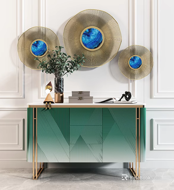 Modern Green Console Sideboard Cabinet With Gold Trim Vase Plants And Round Blue Wall Decorations 3d model 