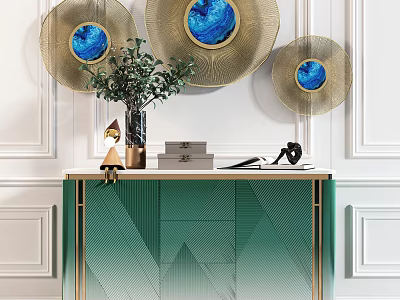 Modern Green Console Sideboard Cabinet With Gold Trim Vase Plants And Round Blue Wall Decorations 3d model