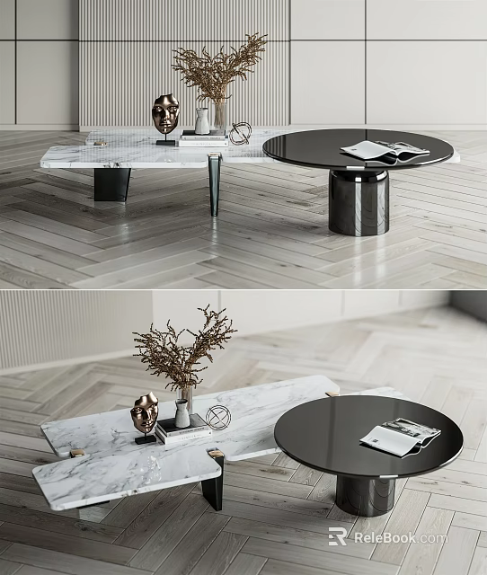 Elegant Modern Coffee Table With Marble Top Black Base Decorative Items And Books 3d model