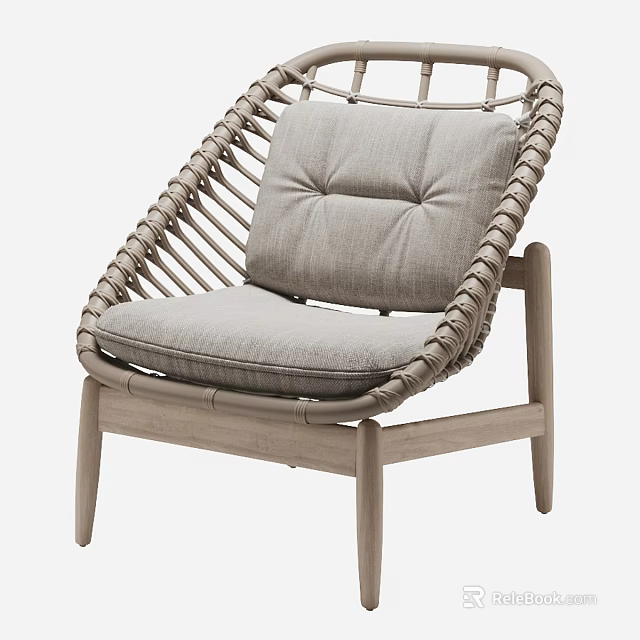 Modern Woven Accent Chair With Wooden Frame Rattan Backrest And Cushioned Seat 3d model 