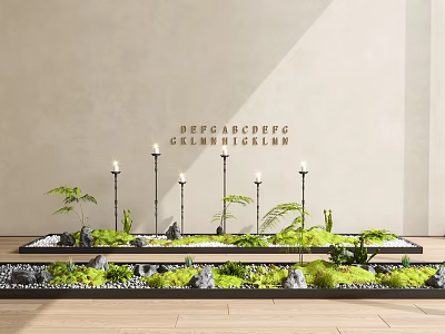 Shrubs In Rectangular Planter With Moss Stones And Candles On Wooden Floor Against Light Wall 3d model