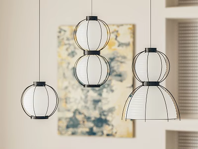 Stylish Modern Pendant Lights With Metal Frame And White Shade Hanging Against Abstract Wall Art 3d model