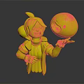 Game Movie Character With Red Skin Teal Hair Yellow Orange Outfit Holding Red Smiling Ball