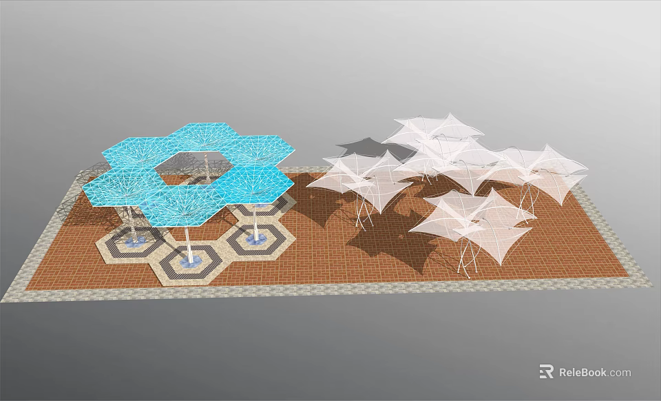 Modern Pergola Structures Blue Hexagonal And White Mesh On Brown Brick Ground With Geometric Patterns 3d model