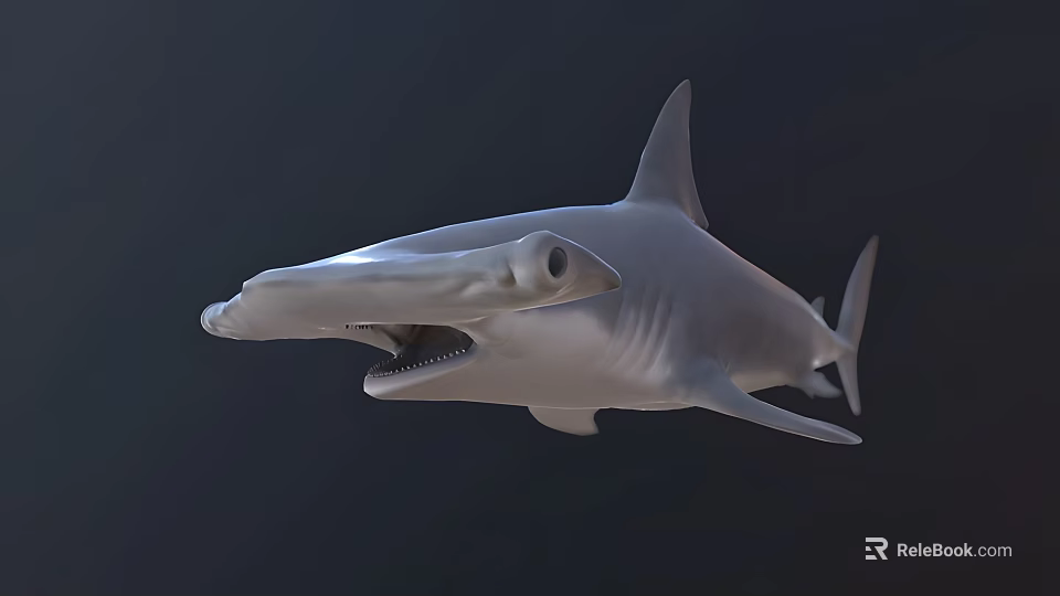 Realistic Hammerhead Shark Swimming With Open Mouth In Dark Ocean Background 3d model 