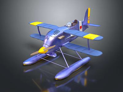 Blue And Yellow Seaplane Passenger Plane With Biplane Wings Floats And Propeller 3d model