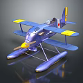 Blue And Yellow Seaplane Passenger Plane With Biplane Wings Floats And Propeller