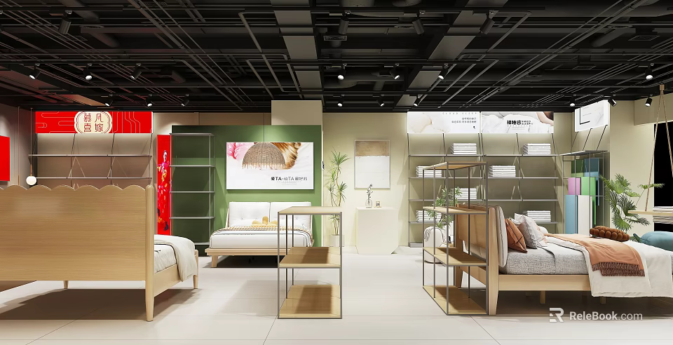 Modern Furniture Retail Shop With Wooden Beds Shelves And Display Racks 3d model 