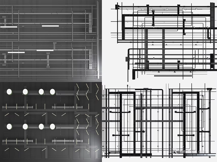 Pipes Technical Design Drawings With Structural Layout And Framework Blueprint Views 3d model 