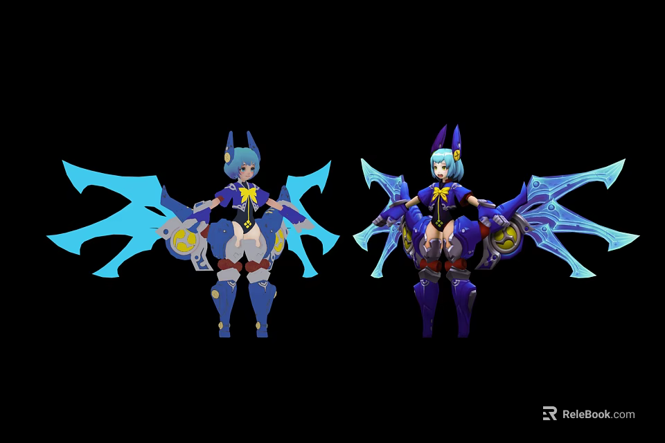 Two Fantasy Game Movie Characters With Blue Wings And Purple Armor 3d model 