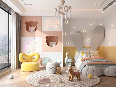 Kids Bedroom With Bear Head Decals Star Stickers Cloud Shaped Bed Yellow Chair And Toys 3d model