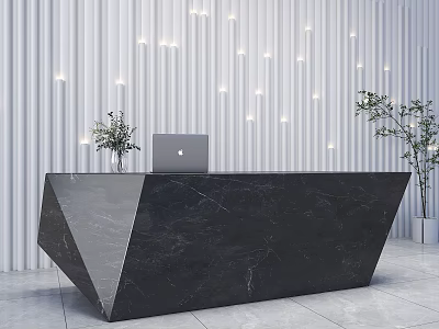 Modern Black Marble Reception Desk With Geometric Design Laptop And Green Plant 3d model