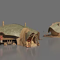 Water Houses With Green Wavy Roofs And Wooden Structure On Calm Water Under Gray Sky