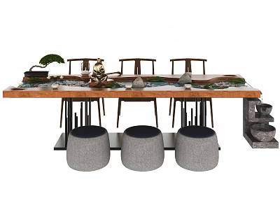 Natural Wooden Tea Table With Matching Chairs And Decorative Stone Ornaments 3d model