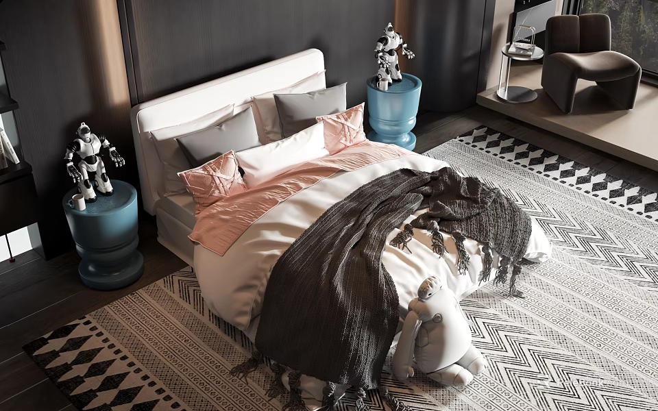 Modern Double Bed With Soft Pillows Blankets Blue Nightstands And Geometric Rug 3d model 