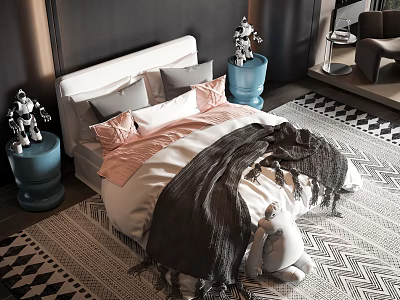 Modern Double Bed With Soft Pillows Blankets Blue Nightstands And Geometric Rug 3d model