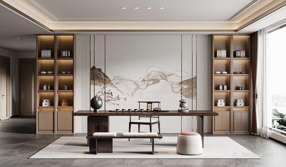 Traditional Chinese Tea Room Interior With Wooden Tea Table Ceramic Teaware And Landscape Painting 3d model 