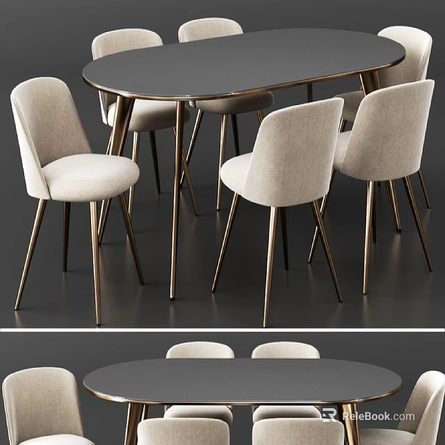 Modern Round Table and Chair Set with Metal Legs and Light Gray Fabric Seats 3d model 