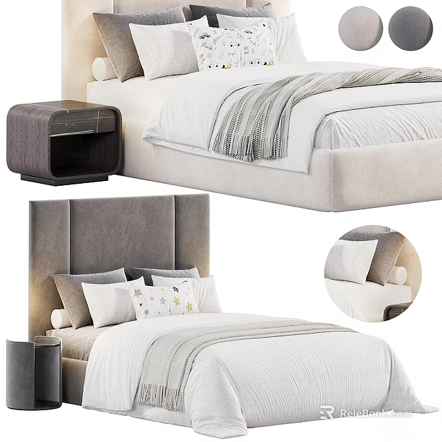 Double Bed in Background With Gray Headboard White Bedding and Nightstand 3d model