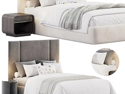 Double Bed in Background With Gray Headboard White Bedding and Nightstand 3d model